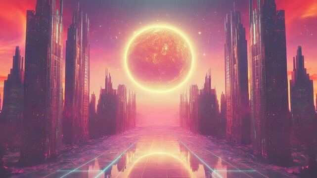 Futuristic city buildings reflecting glowing alien planet