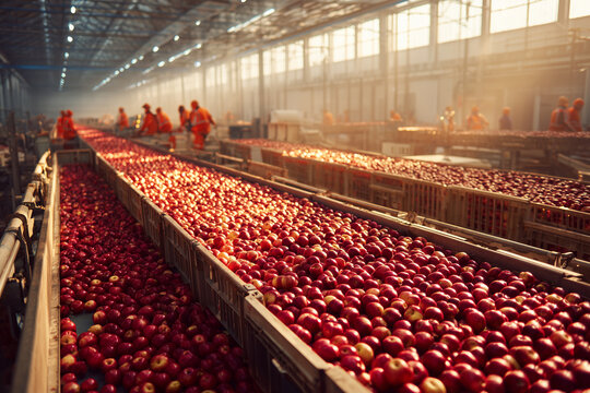 Sunlit apple processing line in a large packing factory with workers sorting and inspecting thousands of red apples on conveyor belts
