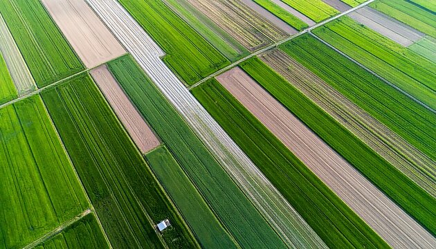 Aerial shot showcases fields of varying greens & browns intersected by lines/paths, creating organized patterns