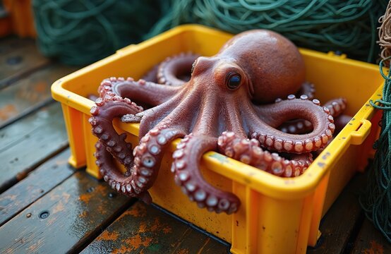 Fresh large octopus waits in yellow plastic bin on wet wooden boat deck. Fishing nets coiled nearby, ready for market sale. Catch offers seafood delicacy for culinary use.
