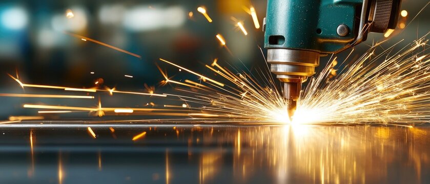 Electric angle grinder cutting through metal at construction site creating sparks in high-speed photography with professional lighting