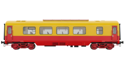 Isolated railway carriage in red and yellow, train car for passenger transport vehicle