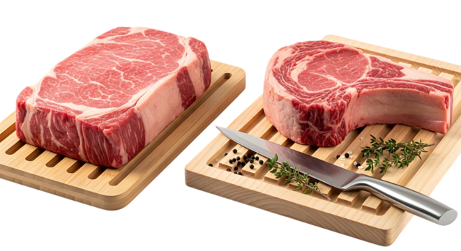 Two raw ribeye steaks isolated on transparent background