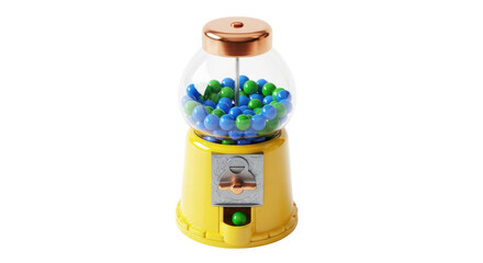 Isolated yellow gumball machine filled with blue and green candies, vintage toy, candy dispenser