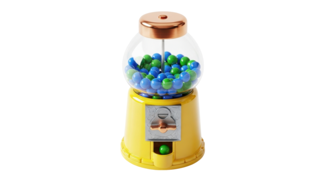 Isolated yellow gumball machine filled with blue and green candies, vintage toy, candy dispenser