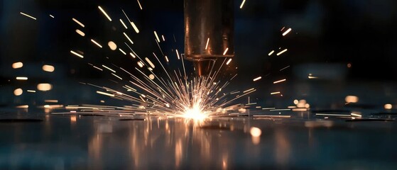 Expert glass worker performs welding in dark factory, creating dynamic sparks for high-quality stock photography