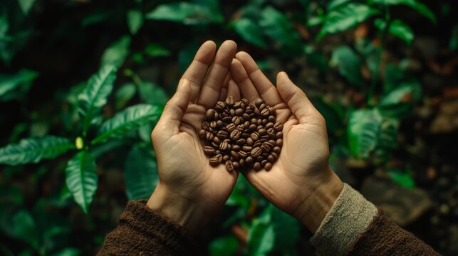 A photograph of hands holding coffee beans