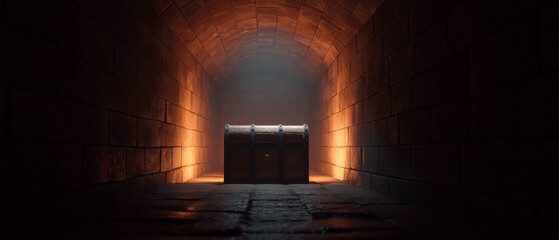 Fototapeta premium A treasure chest illuminated by warm light in a dark stone tunnel.