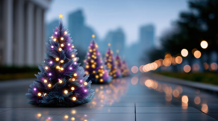 A Christmas tree is lit up with lights and is surrounded by three other trees