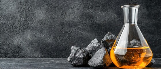Black oil in a glass beaker next to a pile of raw coal on a textured surface creating a visual of natural resources