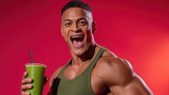 A fit man with a muscular build smiles widely while holding a green smoothie. The vibrant red background adds energy to the scene, perfect for health and fitness themes. - Powered by Adobe