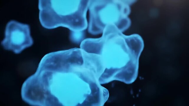 Abstract microscopic view of blue glowing cells or microorganisms floating and multiplying in a dark liquid representing biological processes medical research or futuristic technology.