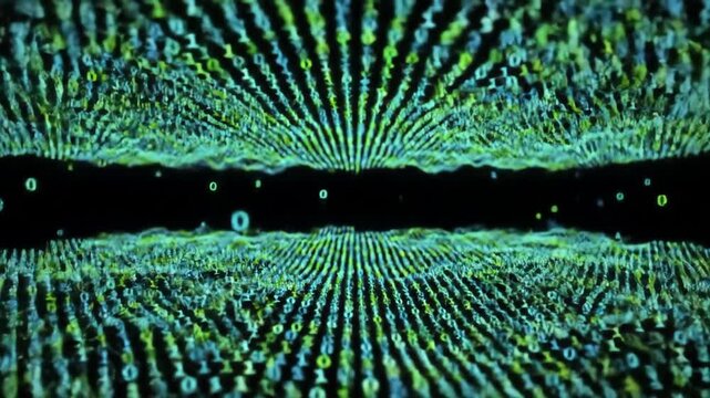 Abstract digital data stream flowing through a dark tunnel representing big data cybersecurity and information technology concepts with glowing binary code and network connections. - Powered by Adobe