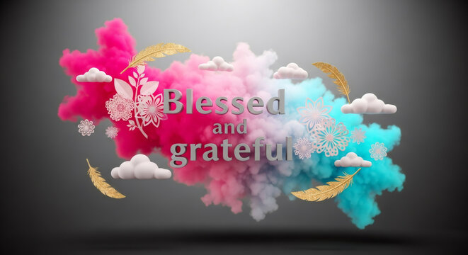 Text Blessed and grateful on colorful smoke background with feathers, clouds, and flowers. Thanksgiving decoration card for gratitude concept. - Powered by Adobe