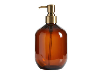 Isolated amber glass bottle with pump dispenser, modern soap holder, kitchen decor item