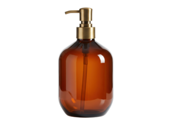 Isolated amber glass bottle with pump dispenser, modern soap holder, kitchen decor item