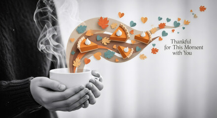 Woman holding a steaming mug with autumn leaves and pumpkin pie slices emerging, conveying warmth for Thanksgiving Day.