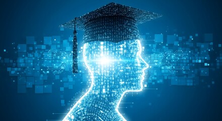 Digital Human Head with Graduation Cap Made of Glowing Data Particles – Concept of Artificial Intelligence, E-Learning, Education Technology, Innovation, and Future Smart Knowledge Systems