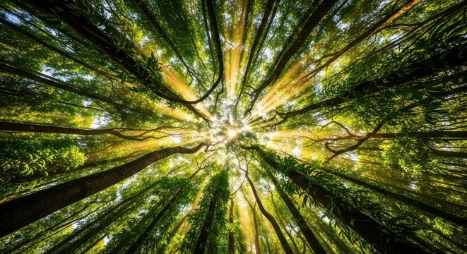 Sunlight streaming through tall trees in a vibrant green forest - Powered by Adobe