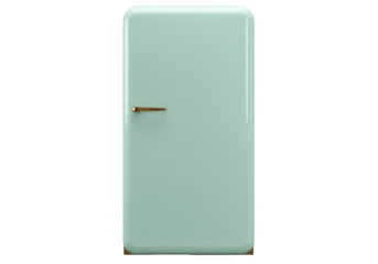 Isolated retro mint green refrigerator with metal handle for a vintage kitchen look