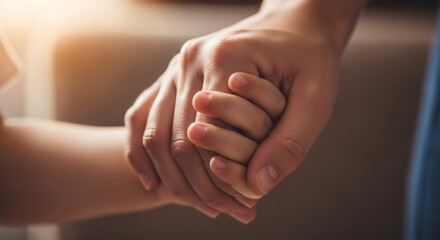 Adult hand holding child hand in close-up. Connection and support between parent and child. Concept of secure attachment, autism, or developmental delay.