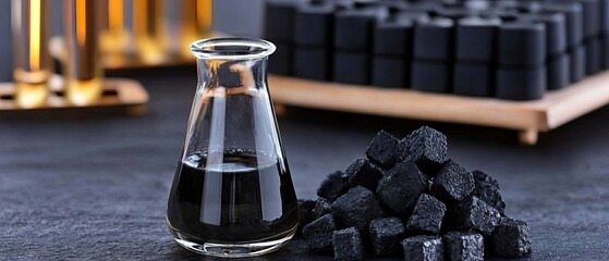 Black oil and coal displayed in a lab setting with glassware and background elements for scientific research and study