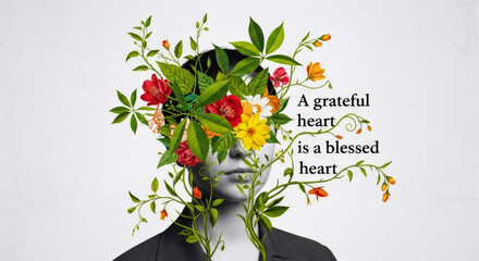 Black and white woman with a burst of colorful flowers and leaves growing from her head and a gratitude quote, suitable for Thanksgiving.