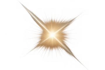 Golden glowing light effect with bright starburst flare creating abstract burst, isolated on transparent background