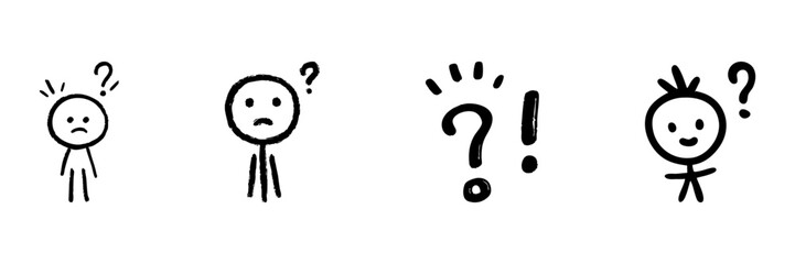 Stick Figure Emotions And Punctuation Line Icon Set In Doodle Style. Confusion, Curiosity, And Surprise Expression Outline Sketch Collection. Hand Drawn Isolated Vector Illustration
