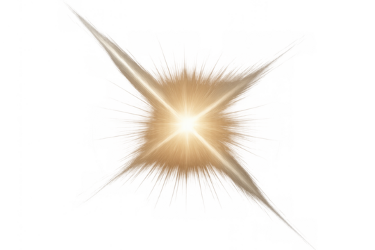 Golden glowing light effect with bright starburst flare creating abstract burst, isolated on transparent background