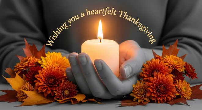 Woman hands holding a lit candle surrounded by autumn flowers and leaves with a heartfelt Thanksgiving message for greeting card and autumn festivity. - Powered by Adobe