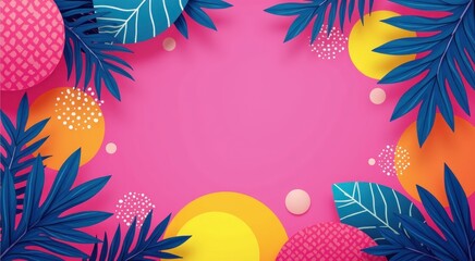 A pink background with tropical leaves and dots greeting card