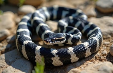 Obraz premium California king snake coils on rocks. Its black and white bands contrast sharply. The reptile has shiny scales and alert eyes. It rests in its natural habitat.