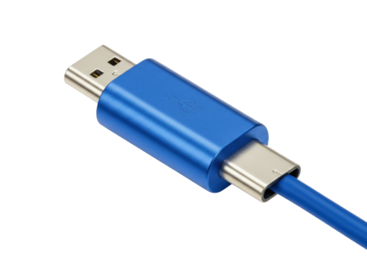 Isolated blue USB cable with USB-A and USB-C connectors for data transfer or charging device