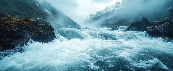 Rushing, frothy river flows between large boulders and rocky mountains in misty landscape