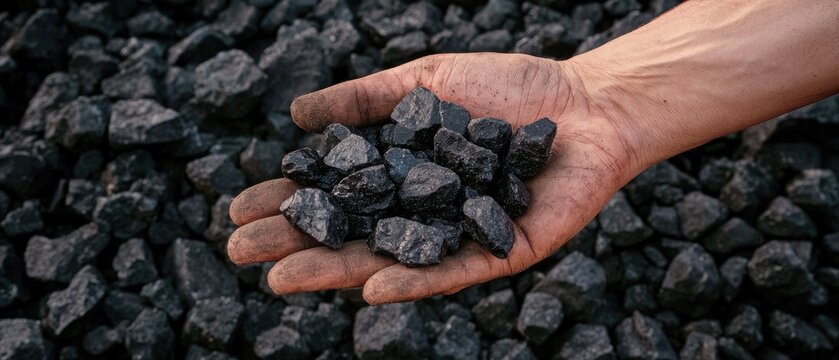 Old coal miner's hands hold black rocks after years of hard work in struggling professions deep in the mines showcasing dedication and endurance