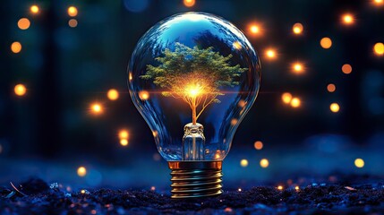 A tree grows within a lightbulb, surrounded by bokeh lights