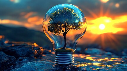 Enclosed ecosystem an isolated tree grows inside of a light bulb during a vibrant sunset