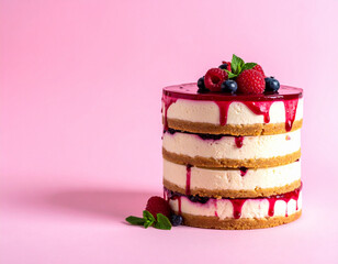 Stacked Berry Cheesecake Slices with Mint Decoration, Side Angle on Pink Backdrop