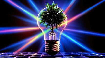 Green innovation a light bulb filled with life surrounded by neon rays