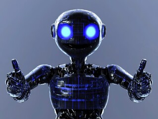 Robot giving thumbs up with glowing blue eyes looks ready to get to work on a project for the future