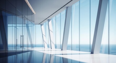 Obraz premium Modern architectural interior with glass walls overlooking the ocean at a bright sunny day