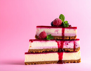  Stacked Berry Cheesecake Slices with Mint Decoration, Side Angle on Pink Backdrop