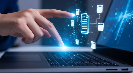 Hand touching laptop screen displaying file and folder icons connected by lines, representing digital document management.