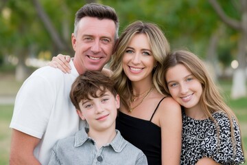 Fototapeta premium A cheerful family of four poses together in a sunny park, showcasing love and connection. Ideal for family-related themes and lifestyle imagery.