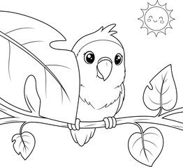 Obraz premium Cute Cartoon Bird Perched on a Branch with Leaves and Smiling Sun - Kids Coloring Page Vector Illustration