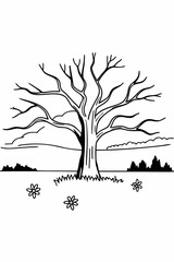 Minimilist a bare tree in a field with flowers and distant hills under a cloudy sky in a black and white drawing vector