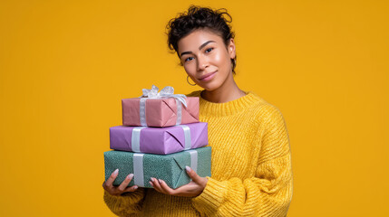 A woman is holding three boxes of gifts and smiling