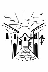 Minimilist illustration of a cobblestone street leading to a church with sun rays and clouds above it all vector