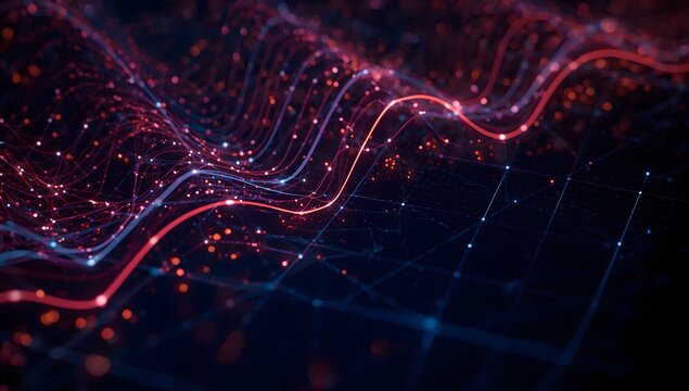 Digital network lines with data flow and glowing particles, abstract technology background concept.